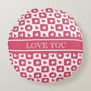 Custom "Love You" Pink Checkered Heart Round Pillow
