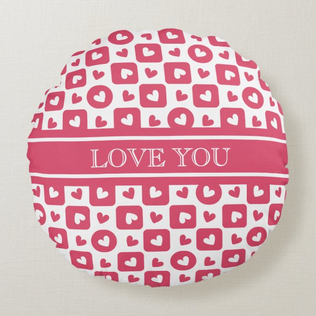 Custom "Love You" Pink Checkered Heart Round Pillow (Front)