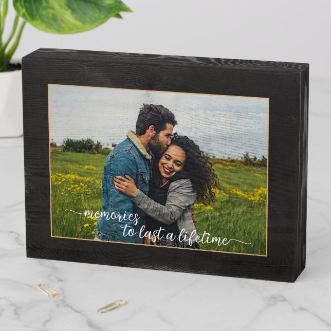 Custom Lovers Picture And Simple Love Quote Text Wooden Box Sign (In Situ Horizontal)