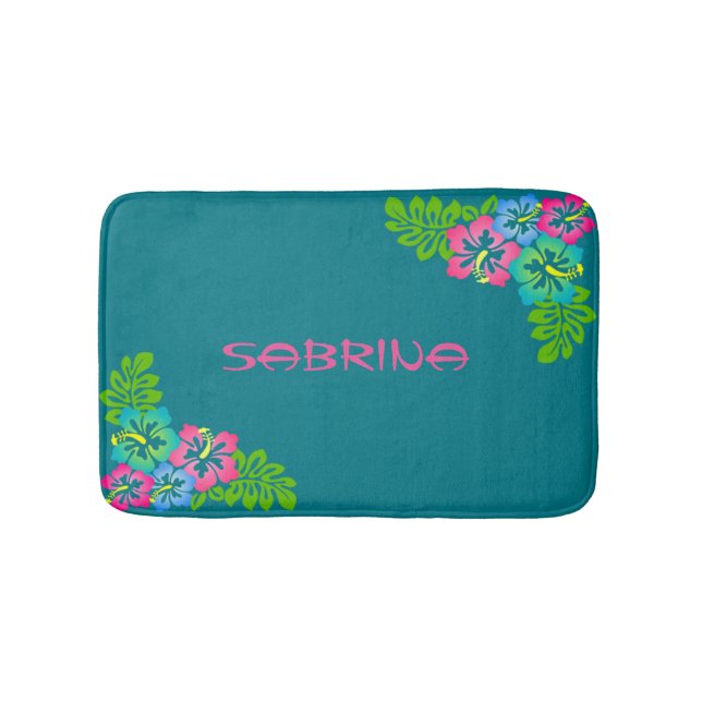 Custom Luau Hawaiian Flowers Bathroom Mat (Front)
