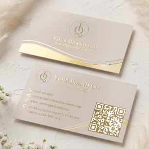 Custom Luxury Beige Gold Foil QR Code & Logo Business Cards