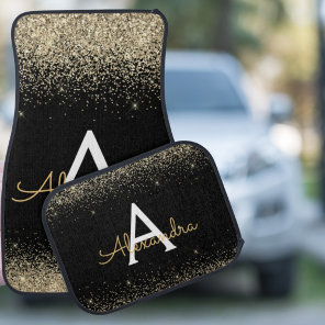 Custom Luxury Gold Black Glitter Sparkle Monogram Car Floor Mat