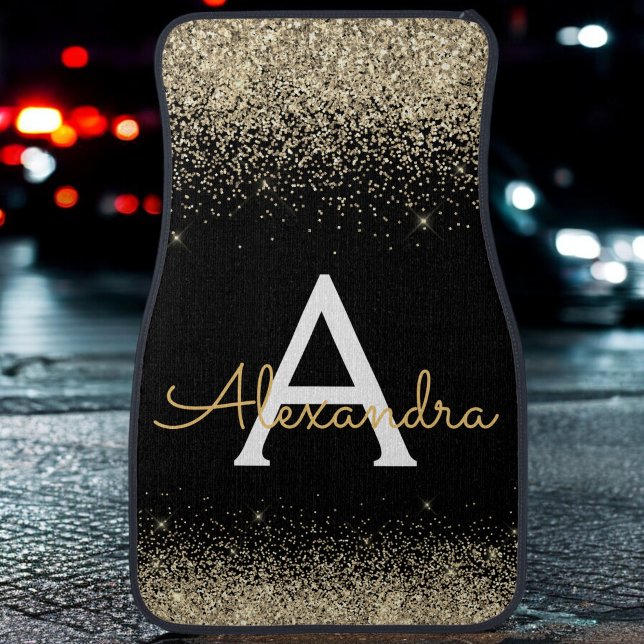 Custom Luxury Gold Black Glitter Sparkle Monogram  Car Floor Mat (Creator Uploaded)