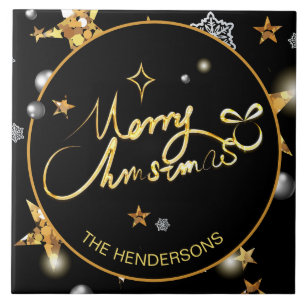 Custom Luxury Gold Black Metallic Stars Christmas Ceramic Tile