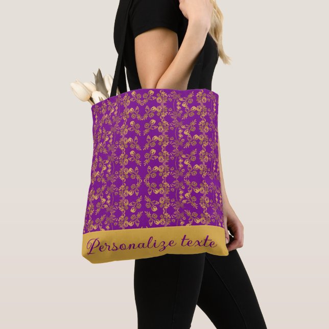 Custom Luxury Gold Floral Damask on Royal Purple Tote Bag (Close Up)