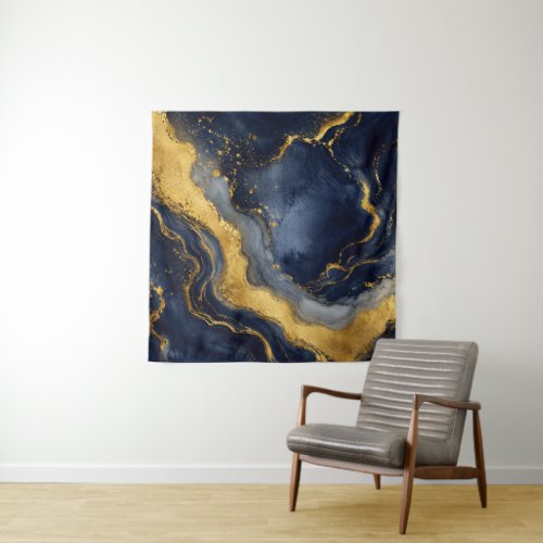 Custom Luxury Navy Gold Abstract Marble Fluid Art Tapestry