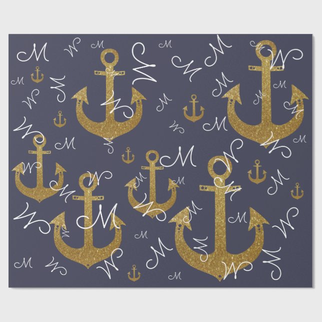 custom M initial - golden anchors nautical Wrapping Paper (Flat)