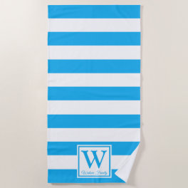 Custom Made Family Monogram Cerulean Blue Stripes Beach Towel