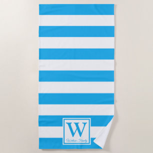 Custom Made Family Monogram Cerulean Blue Stripes Beach Towel