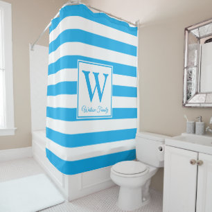 Custom Made Family Monogram Cerulean Blue Stripes Shower Curtain