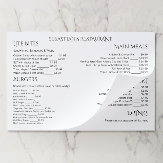 Custom made unique personalized Menu Paper Pad (Folded)