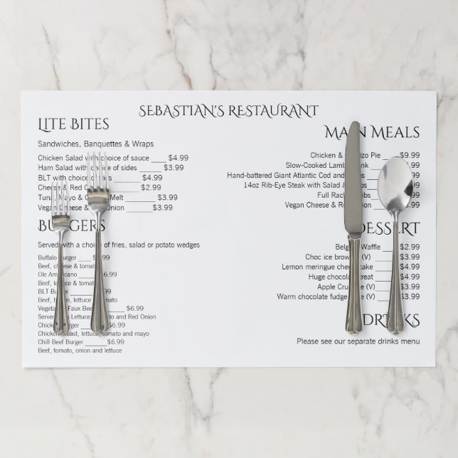 Custom made unique personalized Menu Paper Placemat (In Situ)