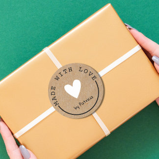 Custom Made With Love White Heart Kraft Paper   Classic Round Sticker