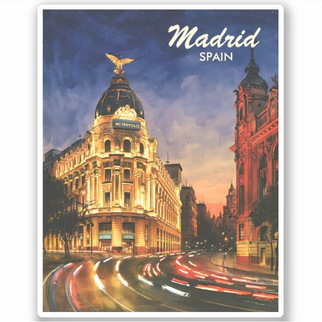 Custom Madrid Spain Night Watercolor Cityscape Sticker (Front)