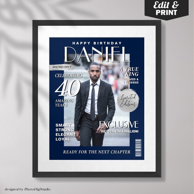 Custom Magazine Cover, Modern Birthday Portrait  Poster (Custom Magazine Cover, Modern Birthday Portrait Poster Navy SIlver Birthday Gift for Him)