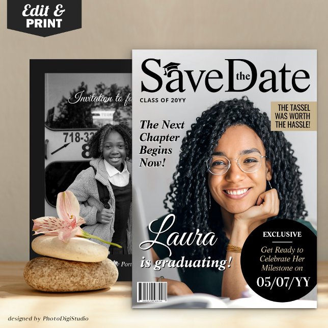 Custom Magazine Graduation Save the Date Invite (Modern Graduation Save the Date, Graduation Magazine Cover  Invite)