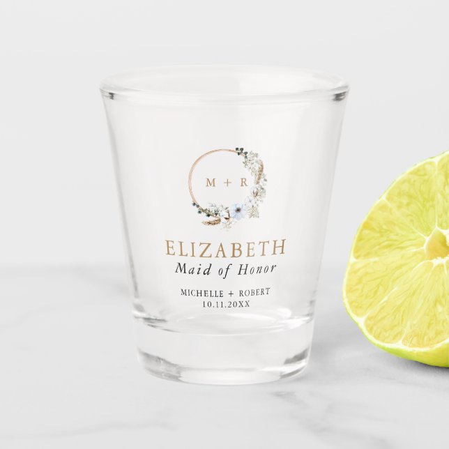 Custom Maid of Honor Gift Boho Wreath Wedding  Shot Glass (Front)
