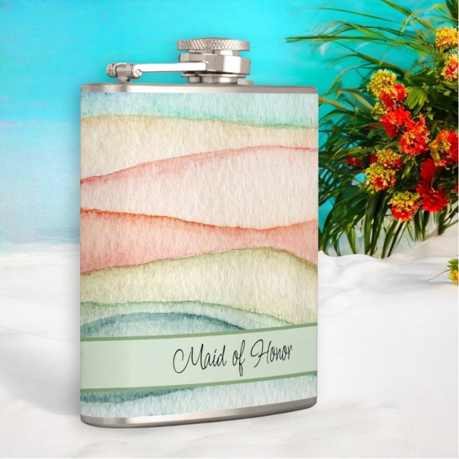 Custom Maid of Honor Watercolor Streaks Flask (angle view of template flask)