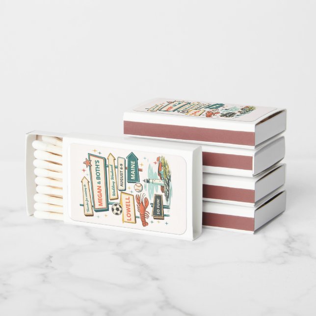 Custom Maine Wedding Favor, Retro Road Signs,  Matchboxes (Stacked)
