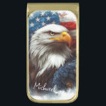 Custom Majestic American Bald Eagle Gold Finish Money Clip<br><div class="desc">This striking close-up of a bald eagle captures the intensity of its piercing gaze, radiating power and patriotism. Set against a vibrant American flag, the bold red, white, and blue hues amplify the eagle’s commanding presence, evoking strength and national pride. A timeless emblem of resilience, this artwork is perfect for...</div>