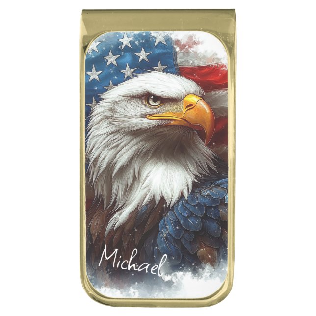 Custom Majestic American Bald Eagle Gold Finish Money Clip (Front Vertical)