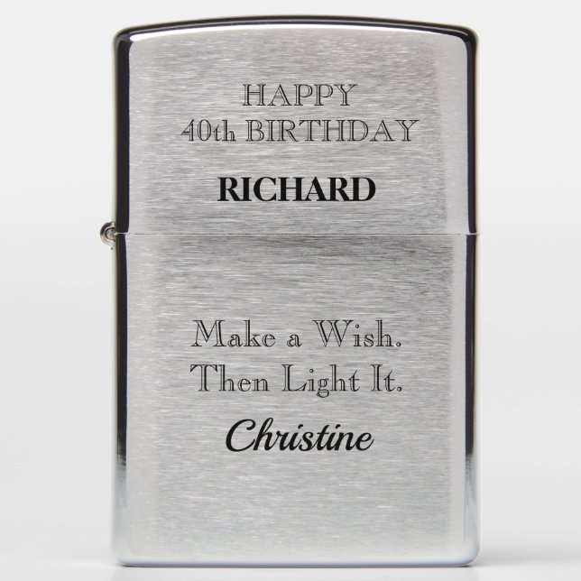 Custom "Make a Wish" 40th Birthday  Zippo Lighter (Front)