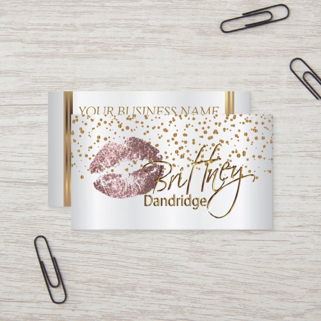 Custom - Makeup Artist Golden Confetti & Rose Lips Business Card (Front/Back In Situ)