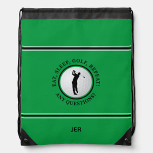 Custom Male Golfer Green Golf Ball Monogrammed Drawstring Bag