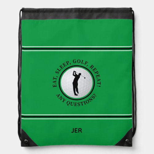 Custom Male Golfer Green Golf Ball Monogrammed Drawstring Bag