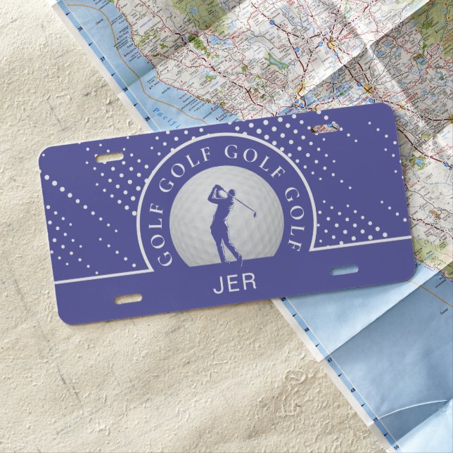 Custom Male Golfer Silhouette Blue Golf License Plate (In Situ)