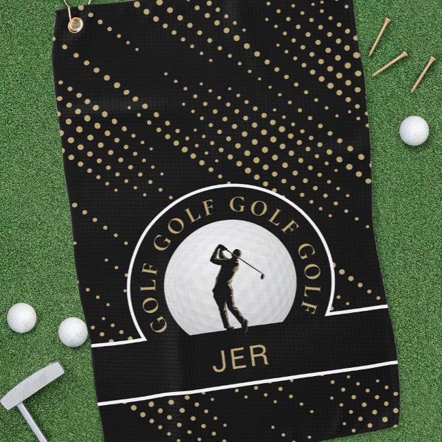 Custom Male Golfer Silhouette Pattern Black Gold Golf Towel (Creator Uploaded)