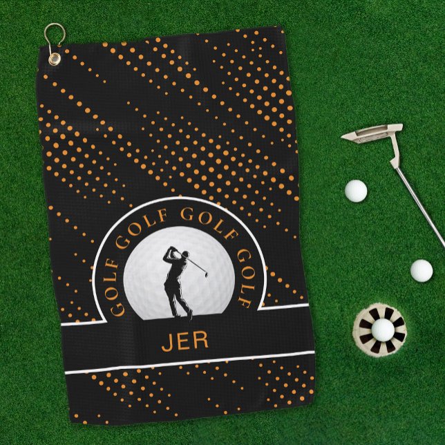 Custom Male Golfer Silhouette Pattern Black Orange Golf Towel (Custom Male Golfer Silhouette Pattern Black Orange Golf Towel)