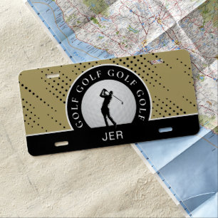Custom Male Golfer Silhouette Pattern Gold Black License Plate