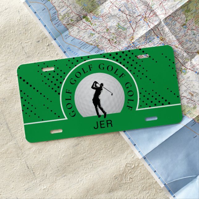 Custom Male Golfer Silhouette Pattern Green White License Plate (In Situ)