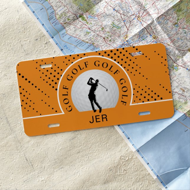 Custom Male Golfer Silhouette Pattern Orange Black License Plate (In Situ)