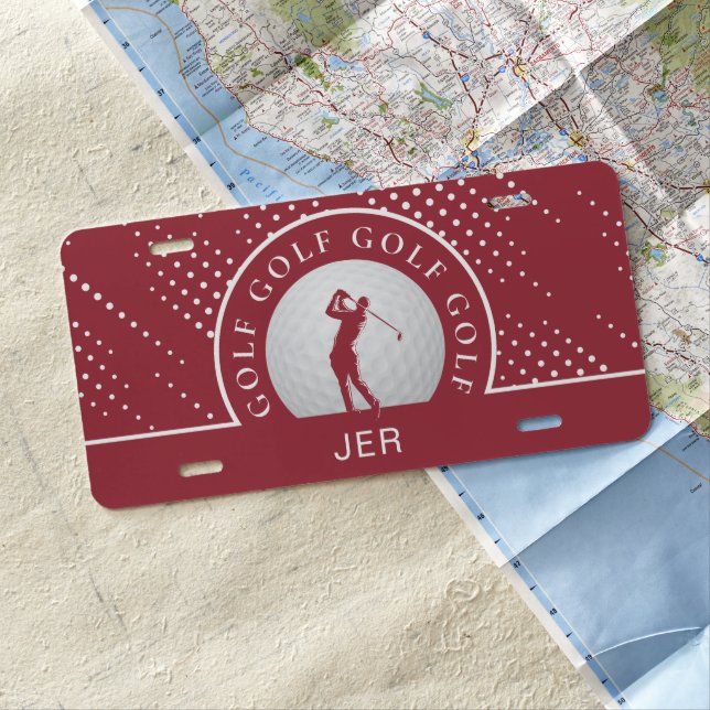 Custom Male Golfer Silhouette Pattern Red & White License Plate (In Situ)
