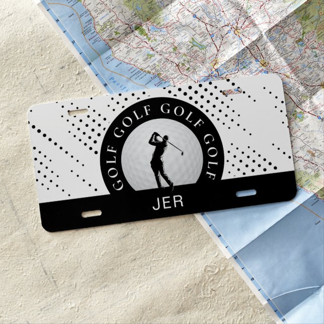 Custom Male Golfer Silhouette Pattern White Black License Plate (In Situ)