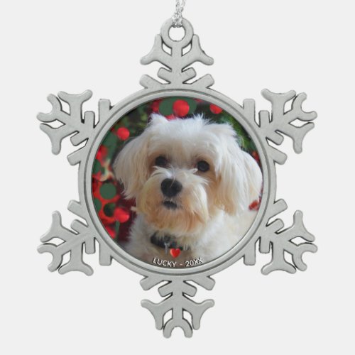 Custom Maltese Dog Photo Snowflake Pewter Christmas Ornament