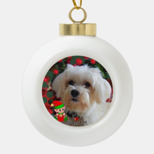 Custom Maltese Dog Photo with Cute Elf Ceramic Ball Christmas Ornament