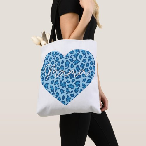 Custom Mama Word Art on Blue Leopard Pattern Tote Bag