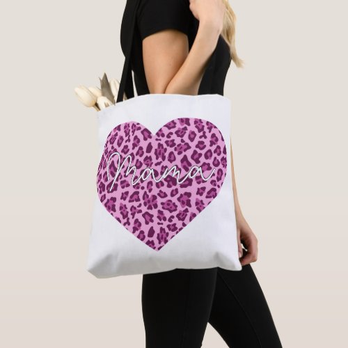 Custom Mama Word Art on Pink Leopard Pattern Tote Bag