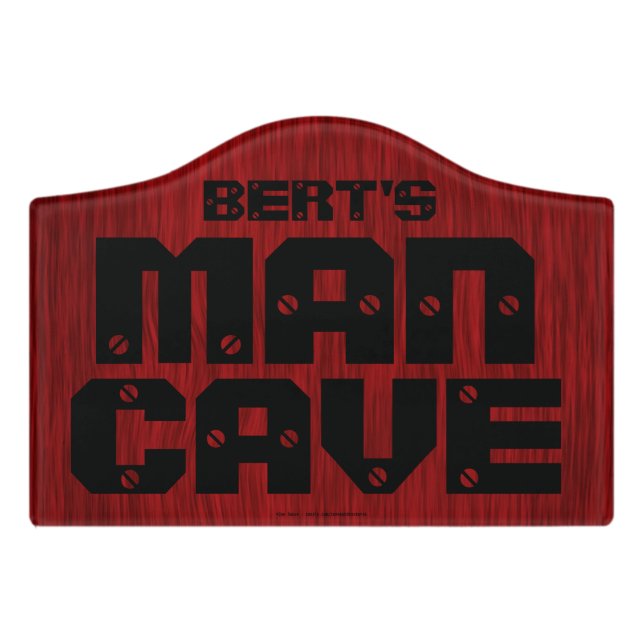 Custom Man Cave Door Sign - Red Woodgrain (Small Crest Front)