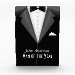 Custom Man of the Year Award Plaque<br><div class="desc">This personalized Man Of the Year plaque features a black tuxedo,  white tuxedo shirt and black bow tie with the caption,  John Anderson... Man of the Year. You can personalize this plaque with any name you choose and honor someone special.</div>