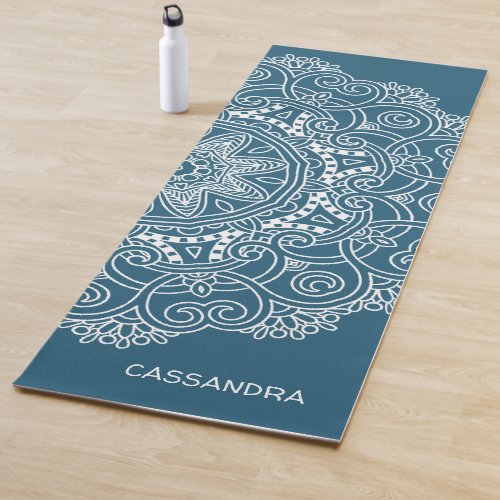 Custom Mandala Art Pattern On Dark Teal Blue Yoga Mat