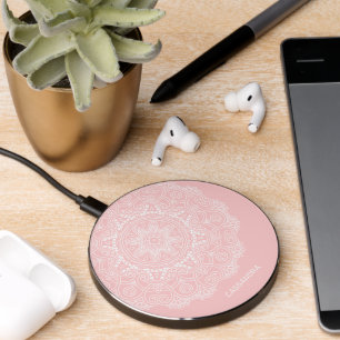 Custom Mandala Art Pattern On Light Blush Pink Wireless Charger