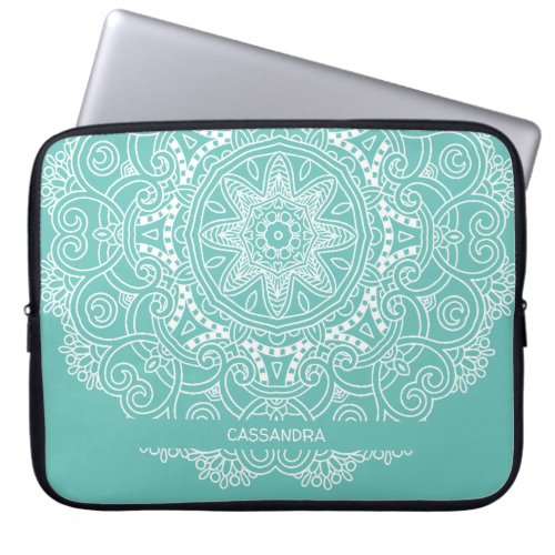 Custom Mandala Art Pattern On Light Teal Blue Laptop Sleeve
