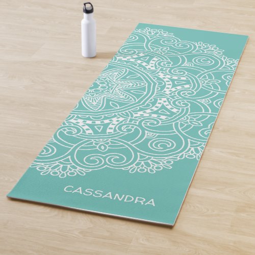 Custom Mandala Art Pattern On Light Teal Blue Yoga Mat
