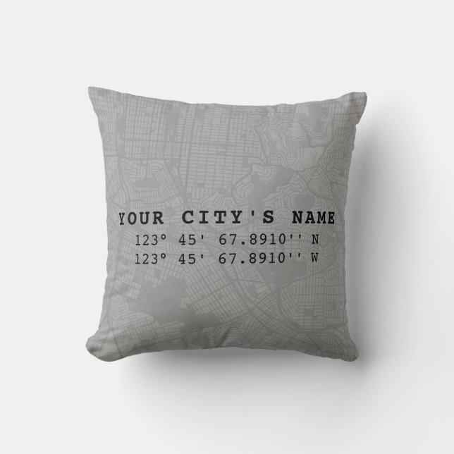 Custom Map & Coordinates | Light Gray & Black Throw Pillow (Front)