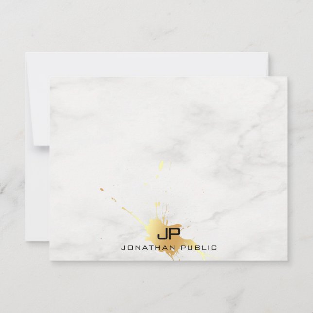 Custom Marble Elegant Gold Splash Monogram Note Card (Front)