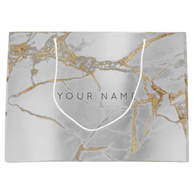 Custom Marble Gray Gold Metallic Abstract Silver Large Gift Bag (Front)